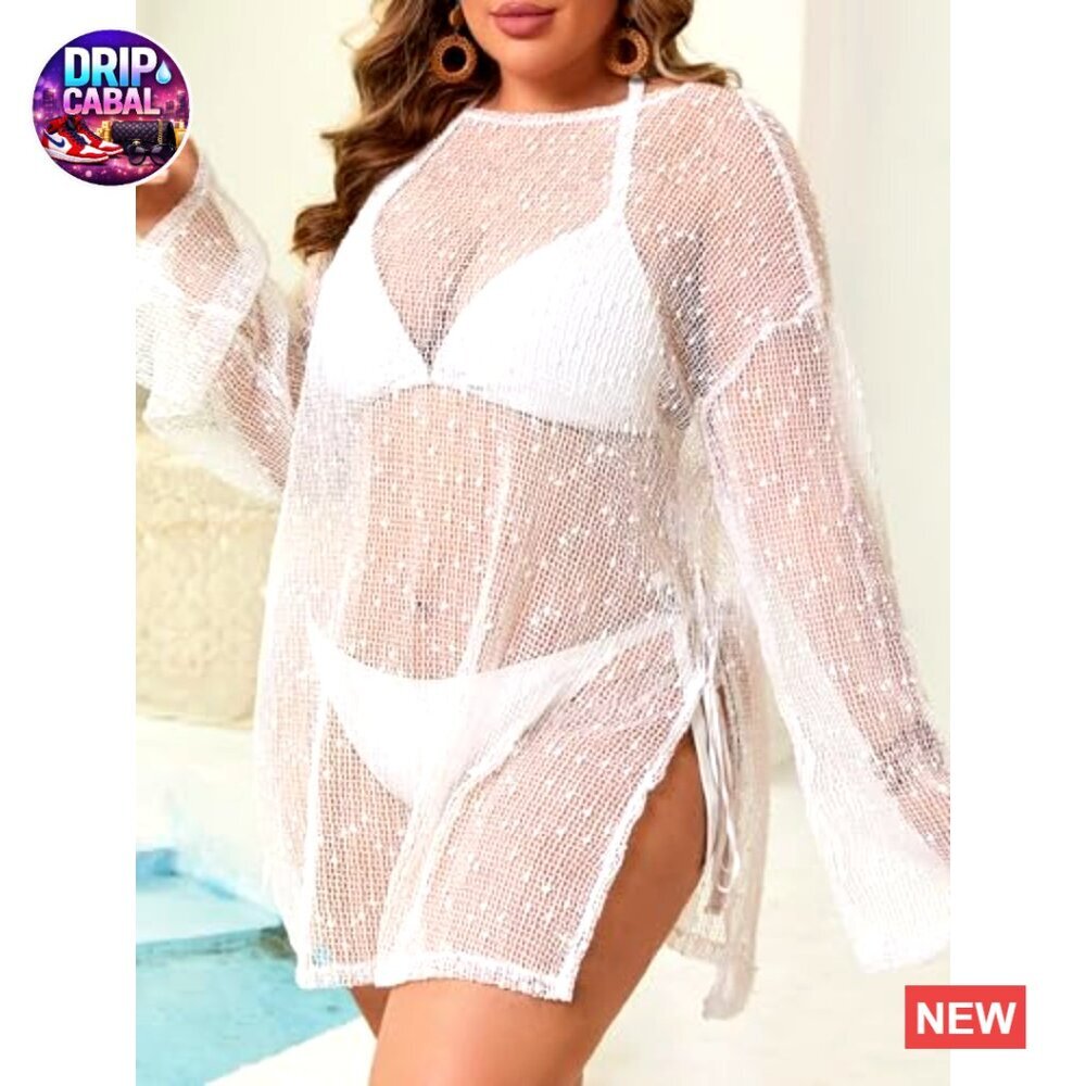 Plus Size Crochet Cover Up Long Sleeve Boat Neck Swimsuit Kaftan Dress - Picture 2 of 7